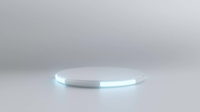 3d render podium on abstract white background. Minimal clean showcase concept. Empty blank with copy space. Futuristic clean studio with animated lights. Seamless loop.