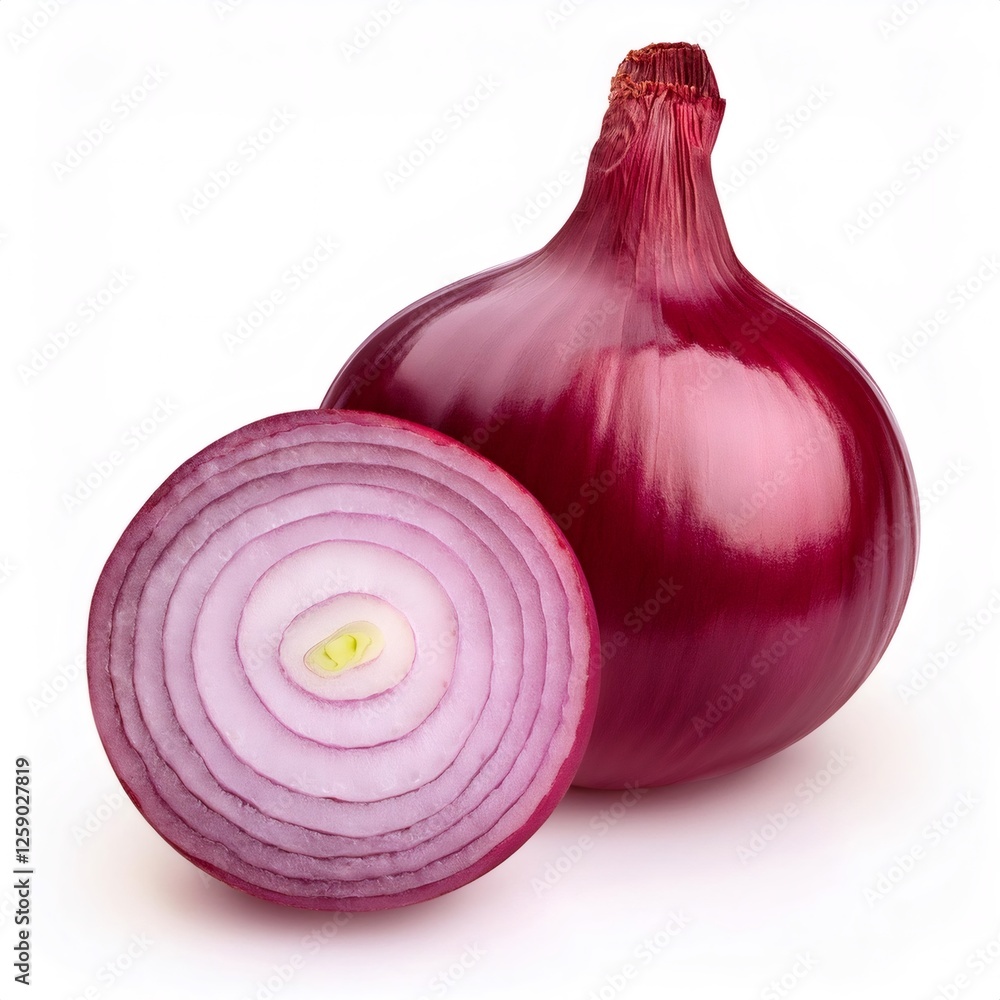 Poster vibrant red onion displaying layered rings, sliced and whole, resting on pristine white surface