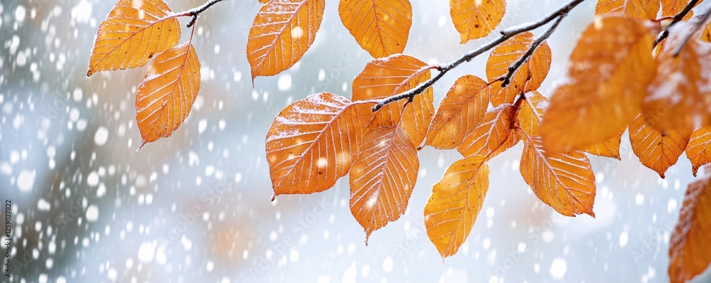 Aufkleber snow-covered golden leaves hanging from a branch with falling snowflakes in the background