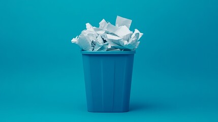 Bin container for environmental preservation and waste disposal. Blue recycle bin with paper waste, isolated on a blue background 
