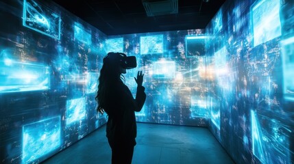 Woman in VR headset interacts with immersive digital environment, surrounded by glowing blue screens displaying data and information.