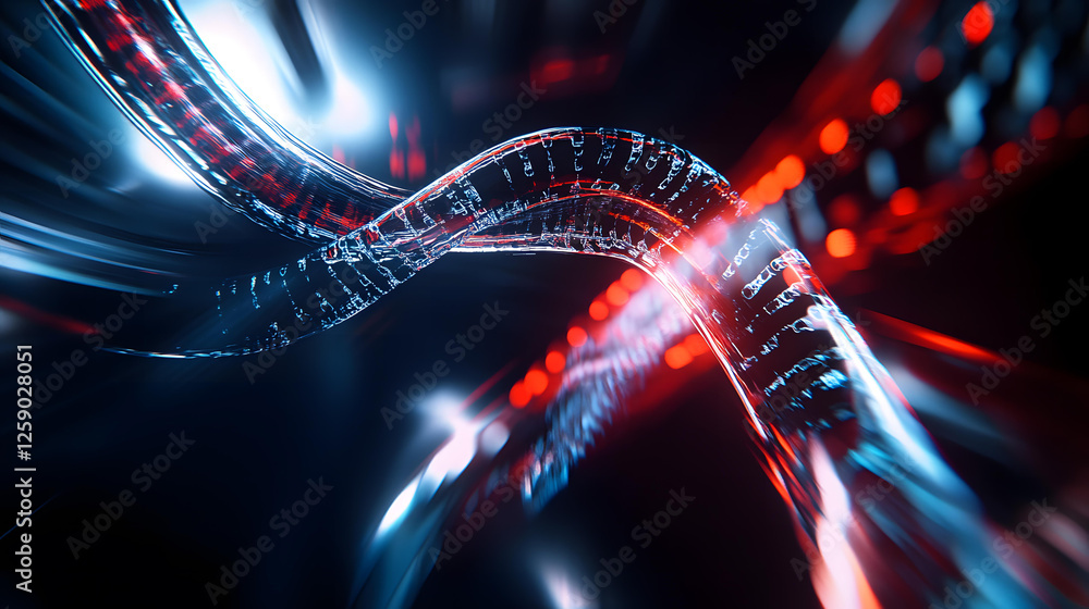 Poster abstract futuristic data stream visualization red and blue twisted tubes with glowing digital code