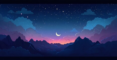 Nighttime mountain landscape, clouds, starry sky, serene view