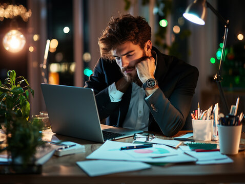 Un homme d'affaire fatigué travaillant tard le soir - Powered by Adobe