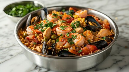 Fototapeta premium Traditional seafood dish prepared with shrimp, mussels, and vegetables in a large metal pan on a marble surface in a cozy kitchen setting