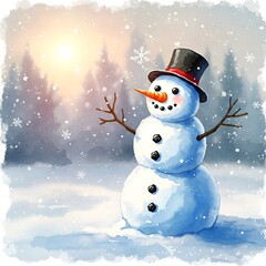 Fototapeta premium Happy smiling snowman with hat in a snowy winter day and sun is shining, snowflakes are falling 