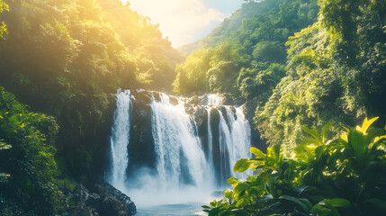 Lush Tropical Waterfall Cascading Through Vibrant Green Rainforest
