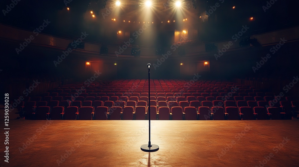 Poster an empty stage with a single microphone stand at the center, spotlight shining down, in front of row
