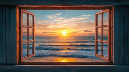 Ocean Sunset View From Open Wooden Window