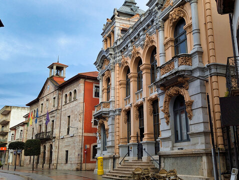Casino building built in 1910 and city hall in background, Llanes village, Asturias, Spain