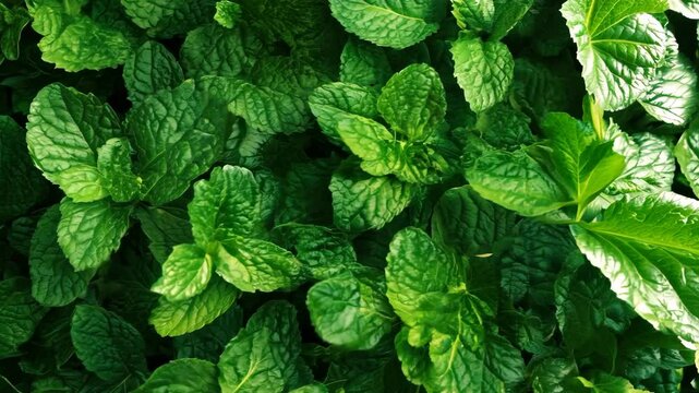 A lush background filled with fresh mint leaves scattered across a deep green surface, evoking freshness and vitality.