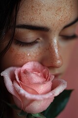 Close-up of a woman with freckles and a pink rose, showcasing beauty and nature's elegance in a soft, serene environment
