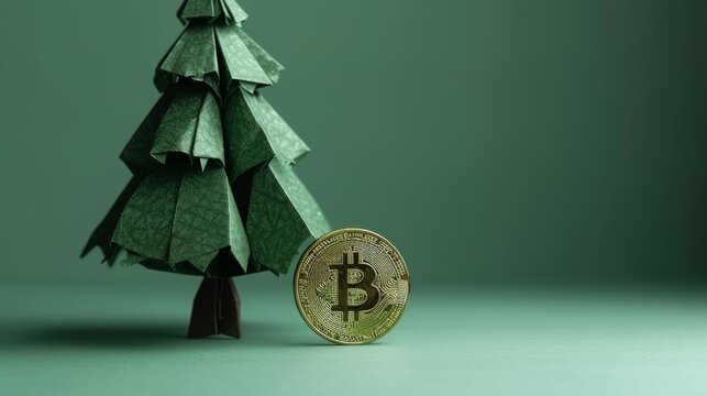 A stylish origami Christmas tree paired with a Bitcoin coin, symbolizing the fusion of holiday traditions and modern cryptocurrency. The green-toned background and soft lighting enhance the festive