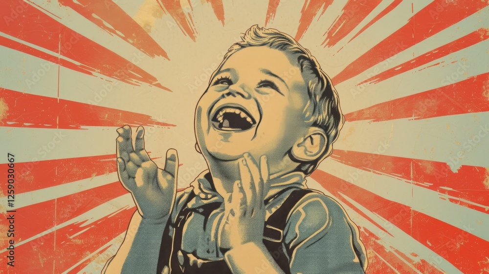 Aufkleber a digitally stylized pop art image featuring a cheerful child laughing, set against a dynamic sunbur