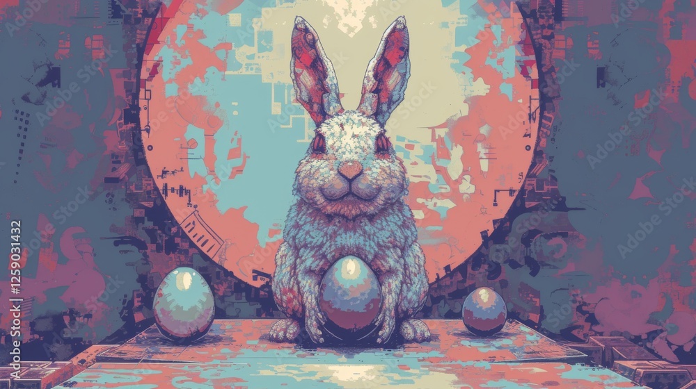 Aufkleber a digitally rendered rabbit in a sci-fi setting, surrounded by glowing eggs and a cybernetic environ