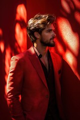 Fototapeta premium Stylish man in a red suit poses against a vibrant red wall with dramatic light shadows in a modern urban setting