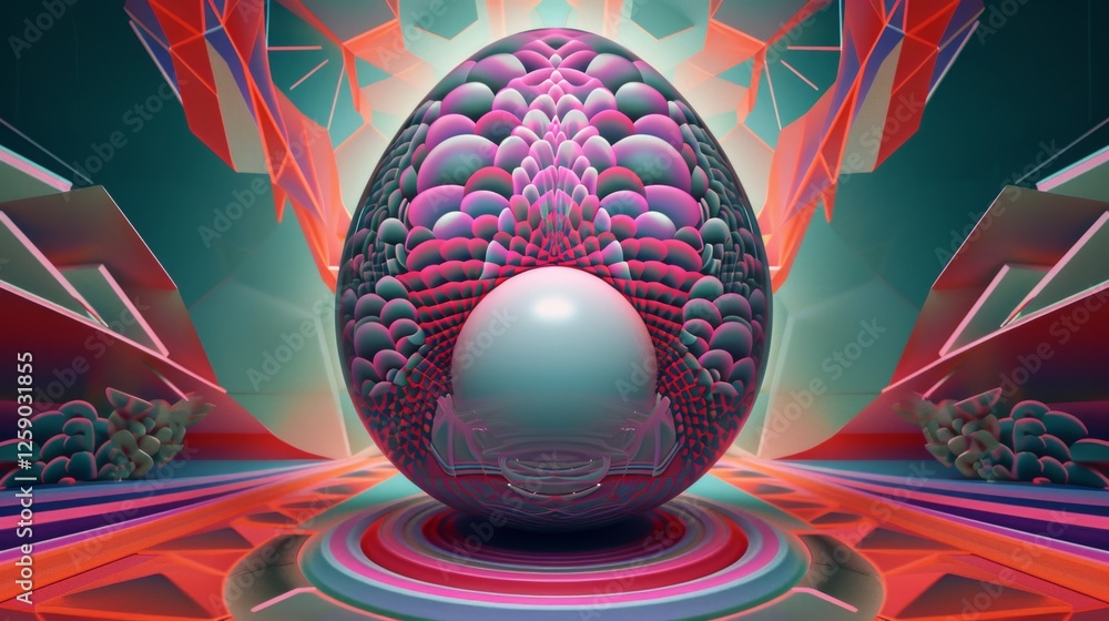Poster a striking surreal digital egg with intricate layered textures and futuristic hues, creating a mesme