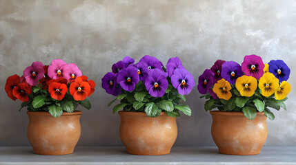 Fototapeta premium Three pots of colorful pansies in front of a pretty gray wall to show them off