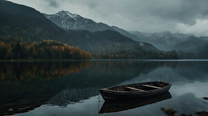 Obraz premium A solitary wooden boat rests peacefully on tranquil waters that mirror the mountains and moody skies in the background. Autumn colors add warmth to the scene