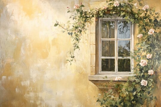 Roses adorn a stone framed window on a painted facade