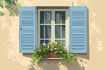 Window with blue shutters and flower box outside a house