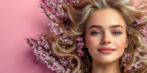 Naklejka premium Young caucasian female with blonde hair and blossoms on pink background