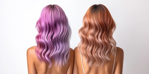 Back view of two women with vibrant wavy hair in lavender and peach colors