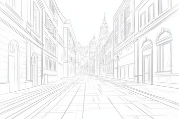 City street sketch, cobblestone road, European architecture, background buildings, urban design