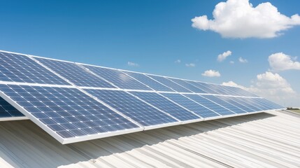 Solar panels on a metal roof under a partly cloudy sky.  Possible use Stock photo for renewable energy