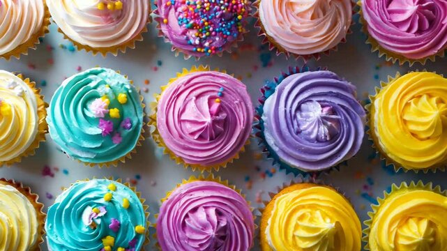 A tightly packed spread of colorful cupcakes with swirled frosting and sprinkles, filling the frame with bright, sugary textures.