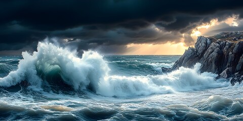 A dramatic seascape featuring turbulent ocean waves crashing against rugged cliffs under a stormy sky, illuminated by rays of sunlight breaking through the clouds.