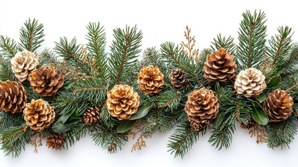 Fototapeta premium Festive garland with pine cones and evergreen branches