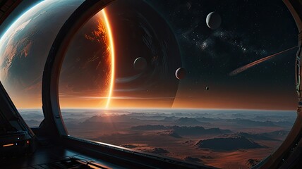 A breathtaking vista shows multiple planets and rings illuminated against a twilight sky viewed from the window of a futuristic spacecraft exploring space