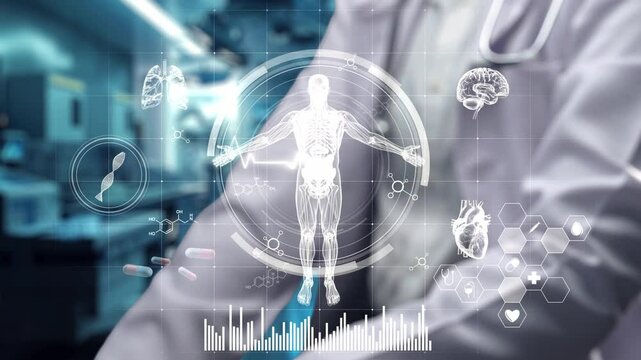 Close up of skilled doctor sitting and pointing at human anatomy hologram. Medical worker accessing and connecting with medical data to examine human body by using HUD dashboard whole body. Remedial.