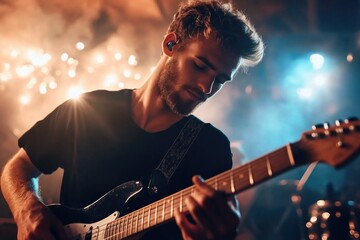 Obraz premium Young caucasian male guitarist performing with passion on stage under bright lights