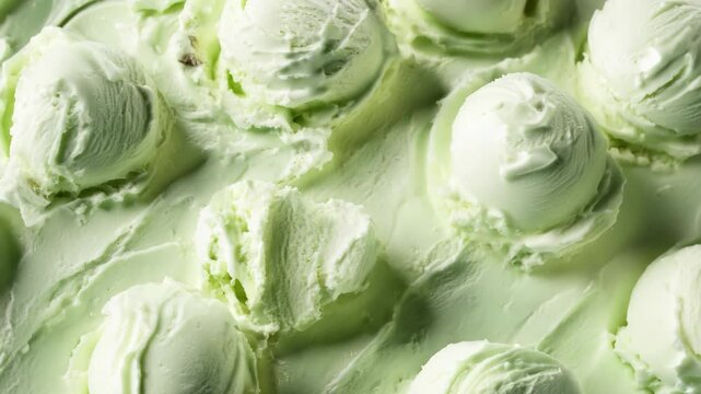 A surface densely covered with scoops of pistachio ice cream, filling every inch of the frame with its creamy, light green texture and smooth surface.