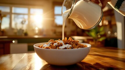 Sunlit morning breakfast with milk pouring over cereal in a cozy kitchen scene