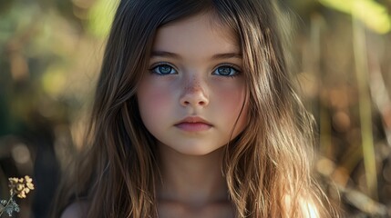 Portrait of cute little girl with freckles posing outdoors