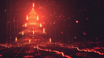 A Christmas tree composed of glowing red candlesticks and stock market trends, symbolizing the fusion of holiday spirit and financial analysis in a high-tech environment. AI generated.