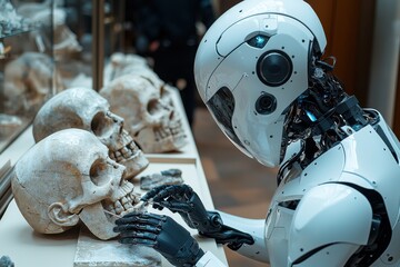 Robot studies human skulls in a science exhibition showcasing advanced technology and anthropology