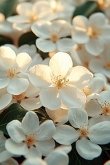 Obraz premium White blossoms fill the frame in gentle sunlight during spring's awakening in a garden