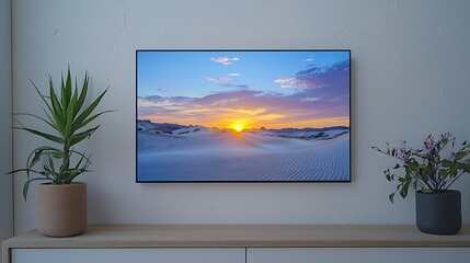 Fototapeta premium Minimalist desert artwork featuring symmetrical sand patterns a vibrant setting sun as the focal point