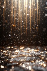 Naklejka premium Magical golden particles fall gracefully from above, creating a shimmering effect on the dark background