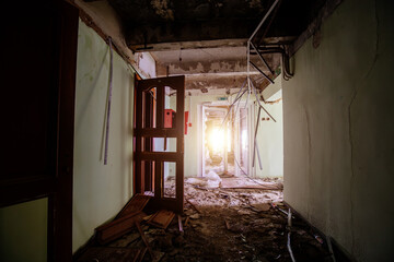 Inside destroyed office building. Consequences of attack concept