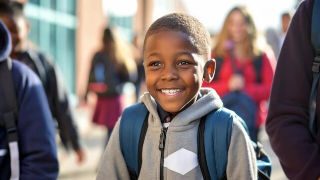 Happy and smiling little boy carrying a backpack going back to school	
