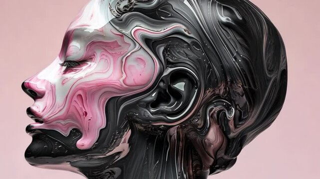 Creative art piece showcasing a sculpture of a profile with swirling black and pink patterns on a soft pink background