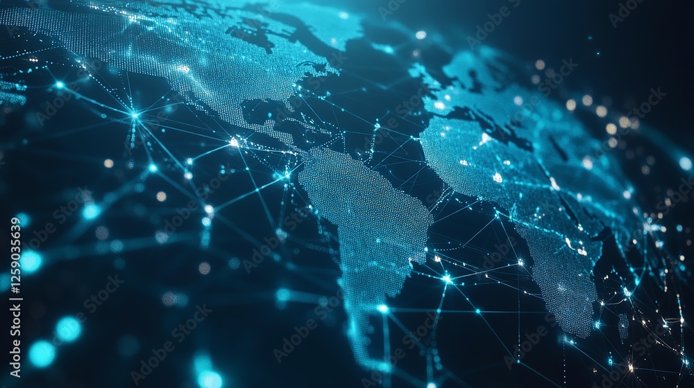 Poster light blue background with a digital world map and global network connections, representing the conc