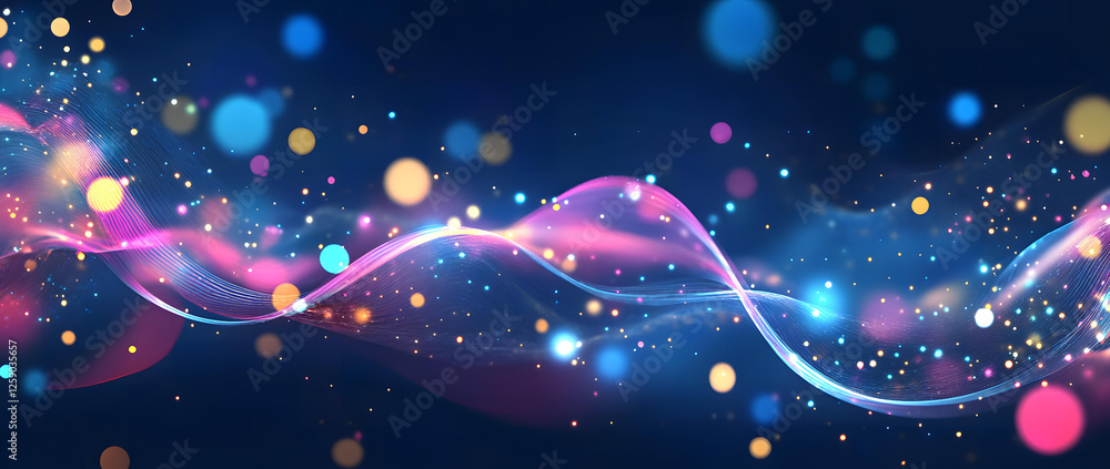 Poster abstract colorful wave background with glowing particles and bokeh lights