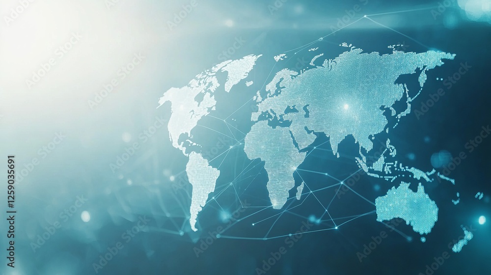Poster light blue background with a digital world map and global network connections, representing the conc
