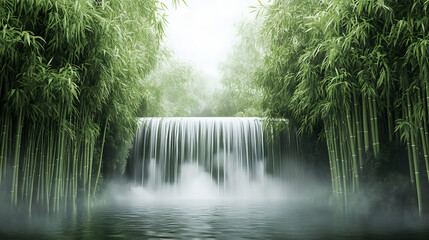 Serene Waterfall Cascading Through Lush Bamboo Forest
